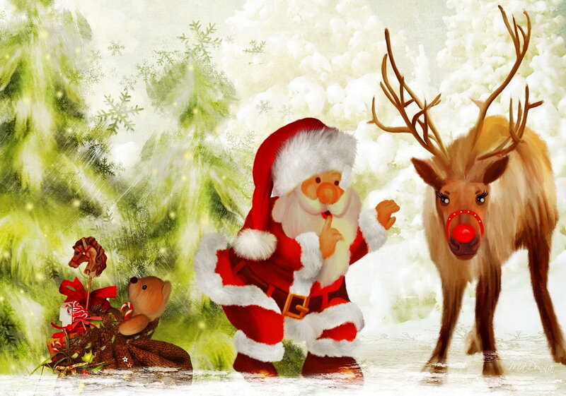 Santa Claus with Reindeer — Red, Festive, Winter, Digital Art, Teddy Bear