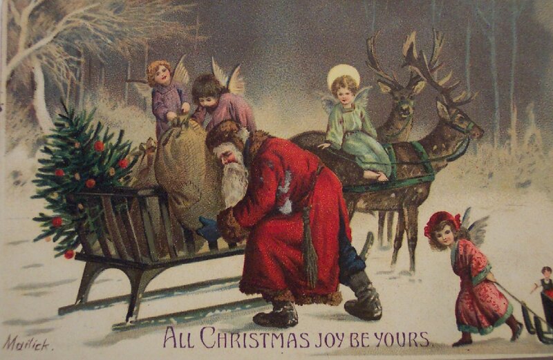 Santa Claus with Reindeer — Red, Festive, Winter, Illustration, Angels