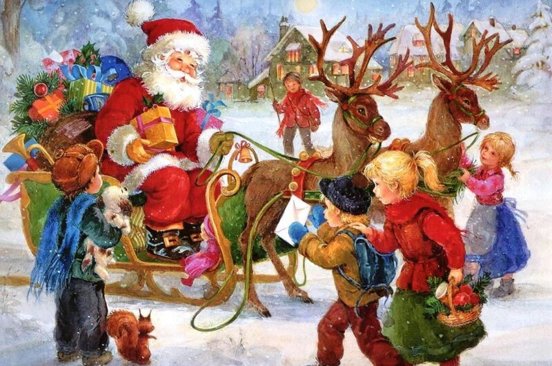 Santa Claus with Reindeer — Red, Festive, Winter, Illustration, Children