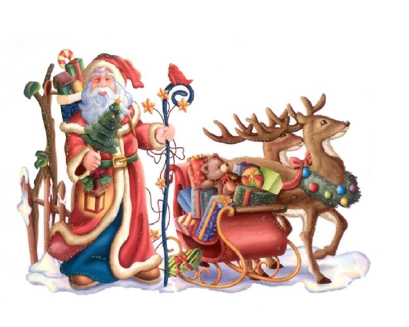 Santa Claus with Reindeer — Red, Festive, Winter, Illustration, Sleigh, Gifts, Cane