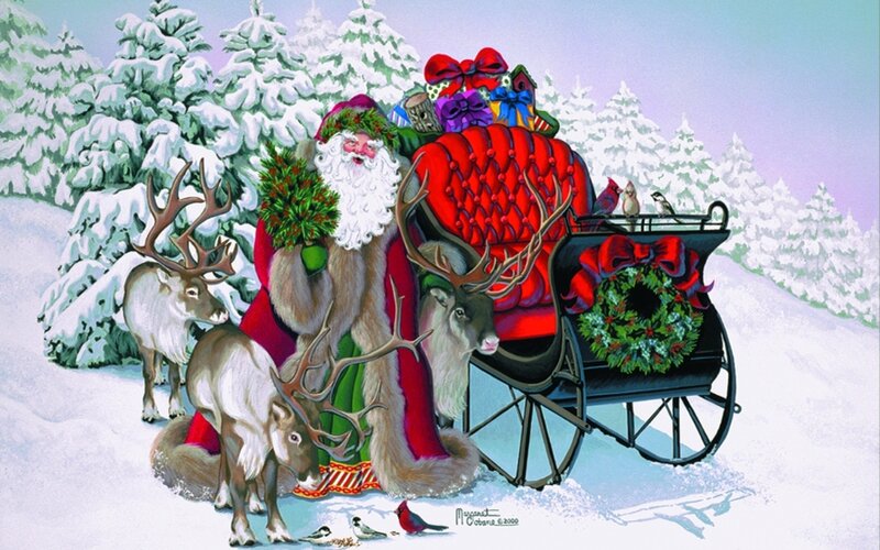 Santa Claus with Reindeer — Red, Festive, Winter, Illustration, Sleigh