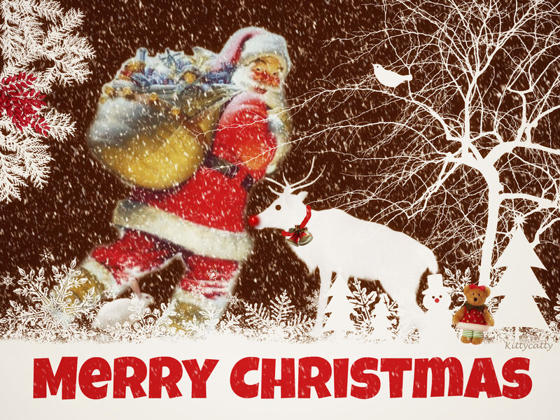 Santa Claus with Reindeer — Red, Festive, Winter, Illustration, Snowman
