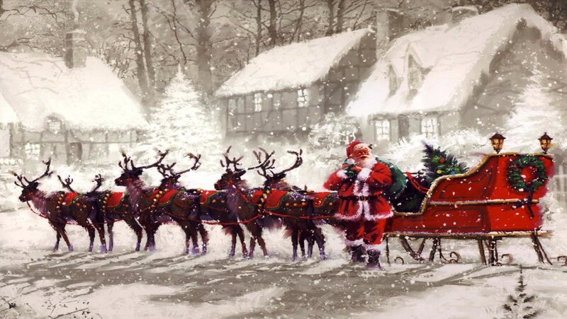 Santa Claus with Reindeer — Red, Festive, Winter, Painting