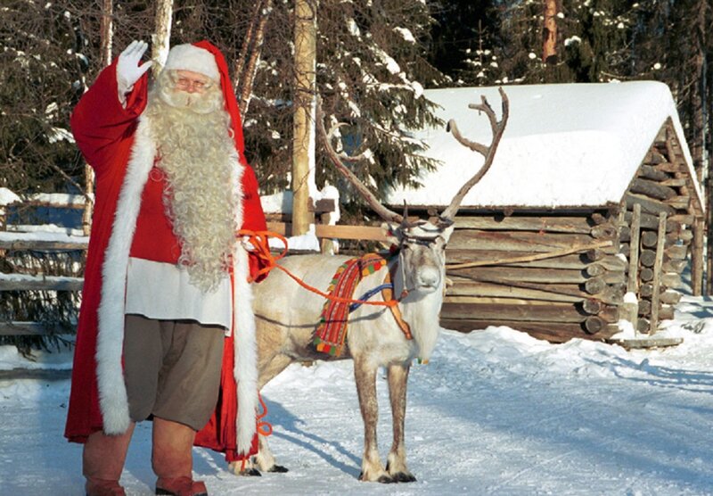 Santa Claus with Reindeer — Red, Festive, Winter, Photograph, Log Cabin
