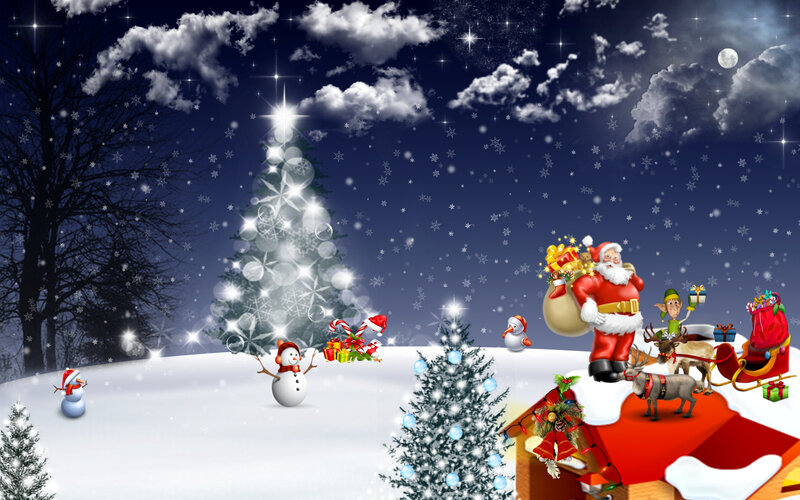 Santa Claus with Reindeer — White, Festive, Night