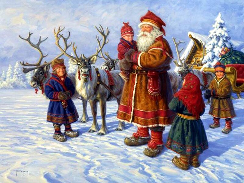 Santa Claus with Reindeer — White, Festive, Winter, Painting