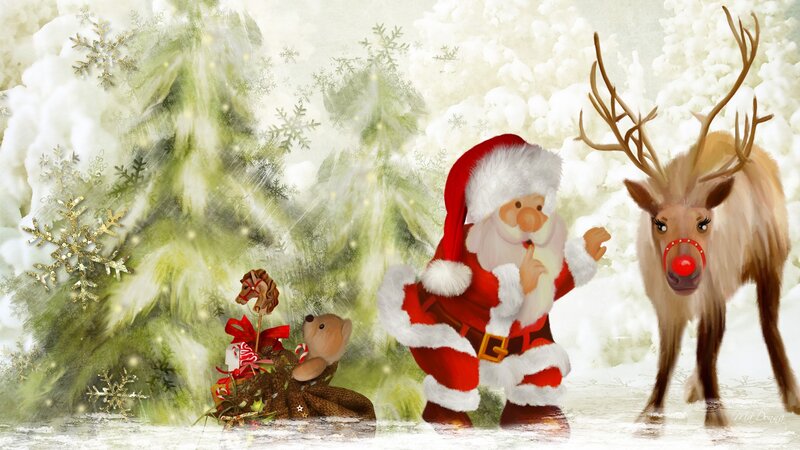 Santa Claus with Reindeer — White, Festive, Winter