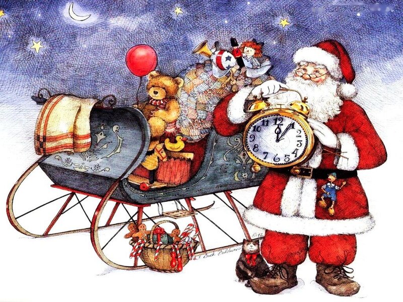 Santa Claus with Sleigh — Red, Festive, Night, Illustration