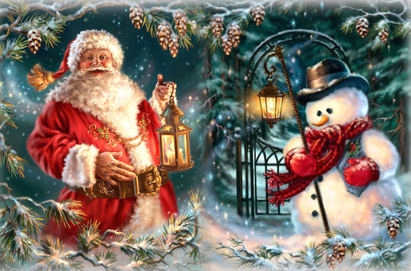 Santa Claus with Snowman — Red, Festive, Night