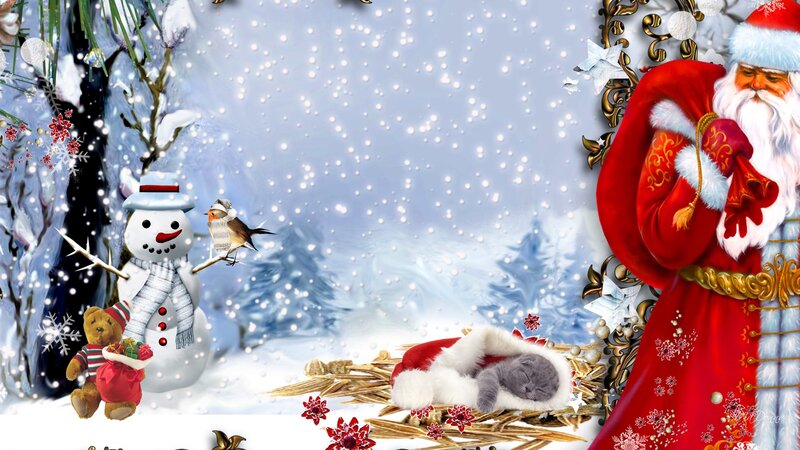 Santa Claus with Snowman — Red, Festive