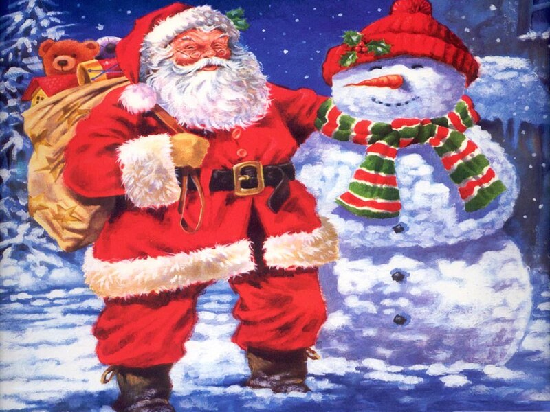 Santa Claus with Snowman — Red, Festive, Winter, Illustration