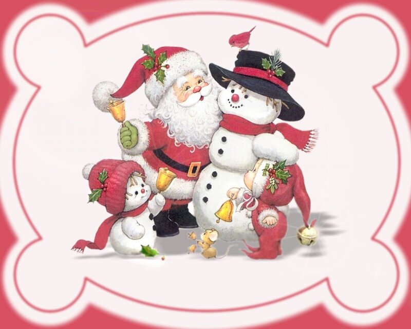 Santa Claus with Snowmen — Red, Festive, Winter, Illustration
