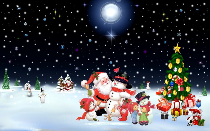 Santa Claus with Snowmen — White, Festive, Night