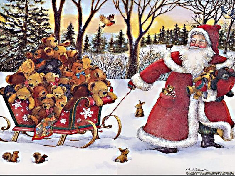 Santa Claus with Teddy Bears — Red, Festive