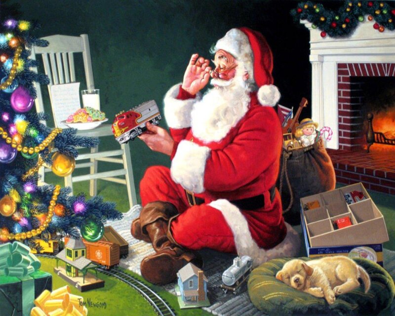 Santa Claus with Toy Train — Red, Festive, Night