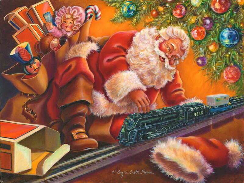Santa Claus with Toy Train — Red, Festive, Winter
