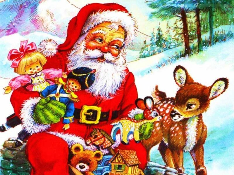 Santa Claus with Toys — Red, Festive, Winter, Illustration, Doll