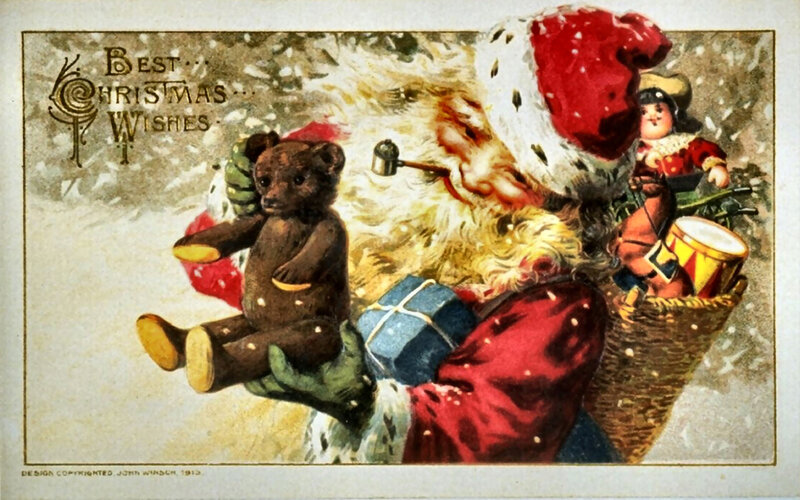 Santa Claus with Toys — Red, Festive, Winter, Illustration, Teddy Bear