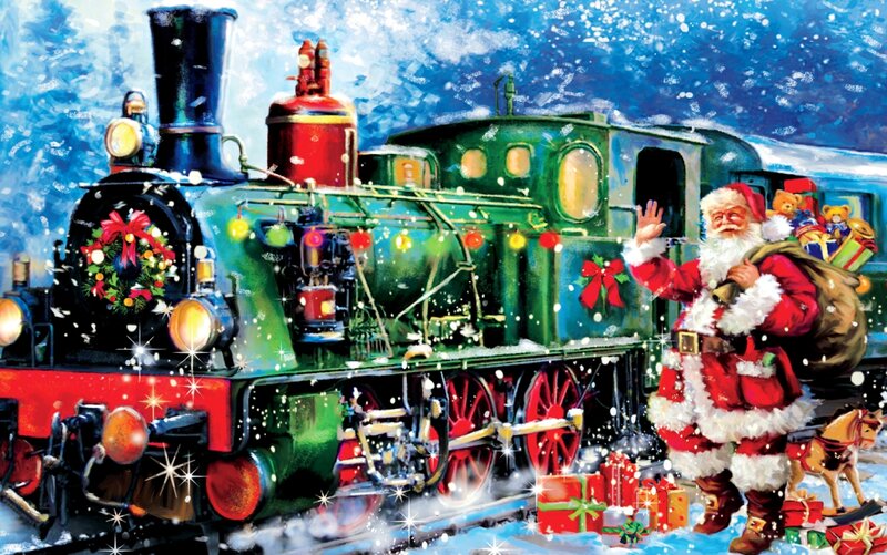 Santa Claus with Train — Green, Festive
