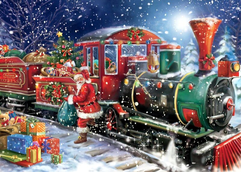 Santa Claus with Train — Red, Festive, Night