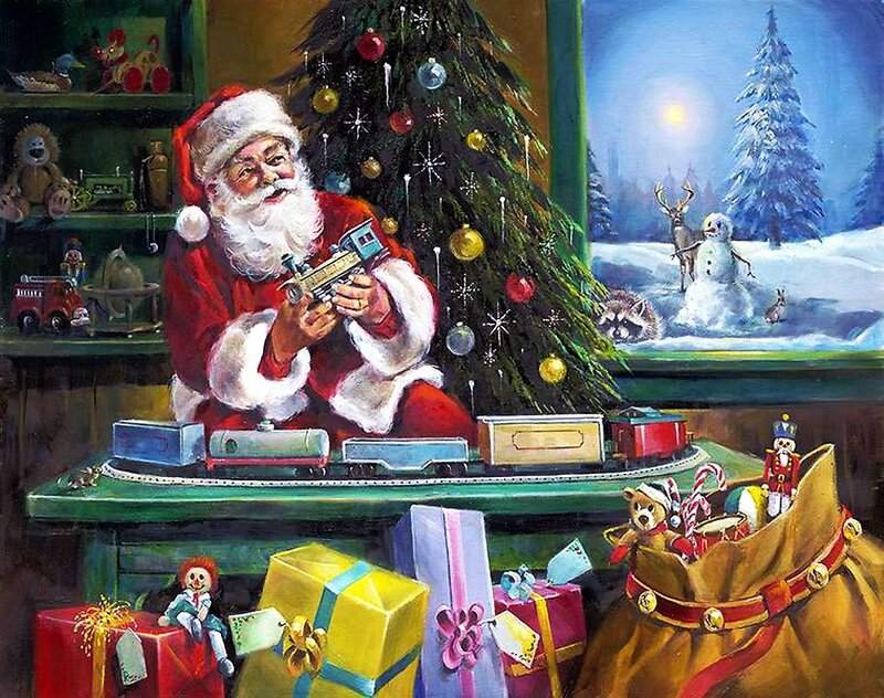 Santa Claus with Train — Red, Festive