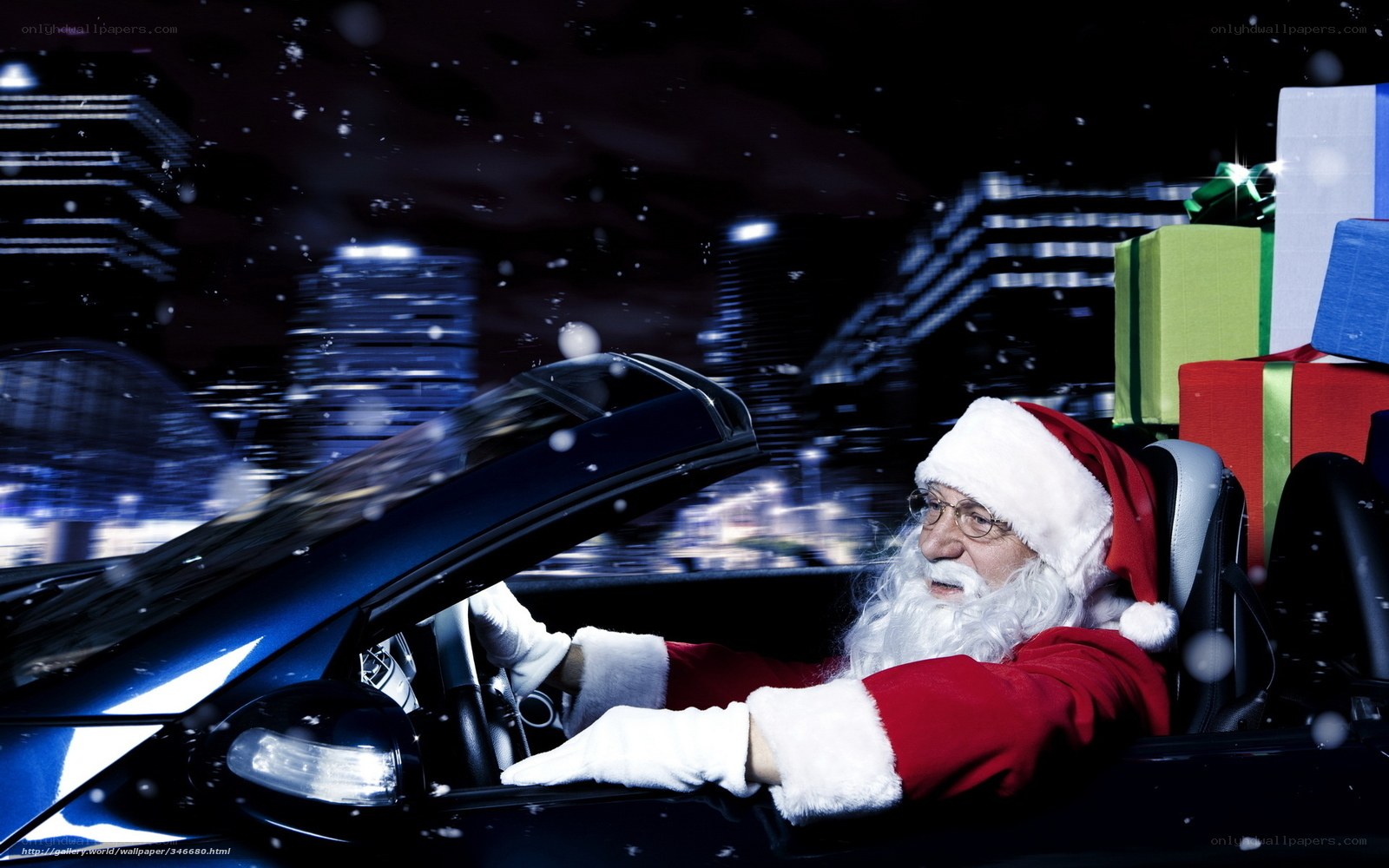 Santa driving a car at night
