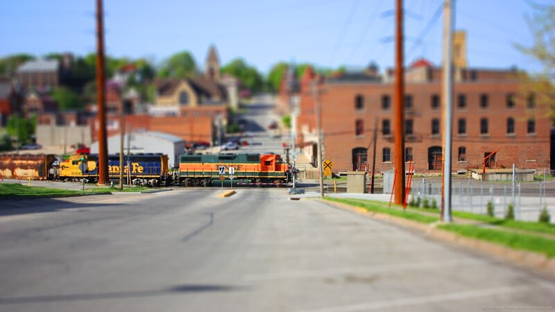 Santa Fe Train on Tracks — Blue