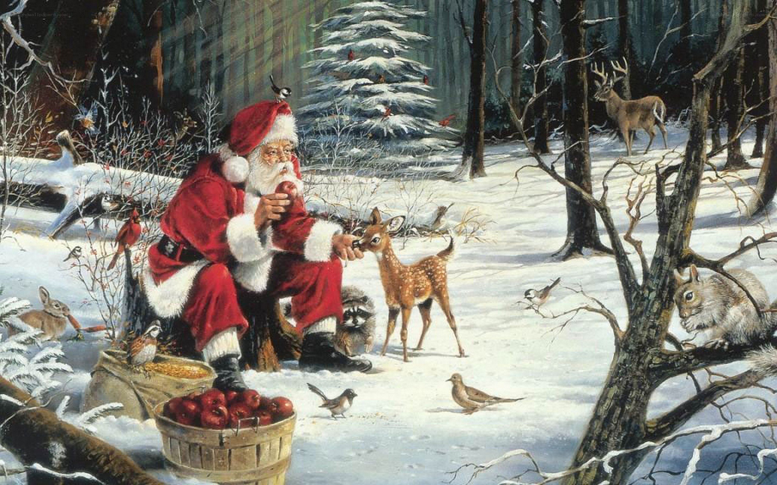 Santa feeding forest animals