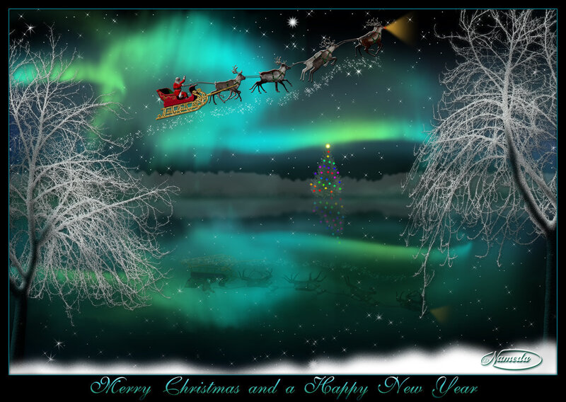 Santa flying over aurora