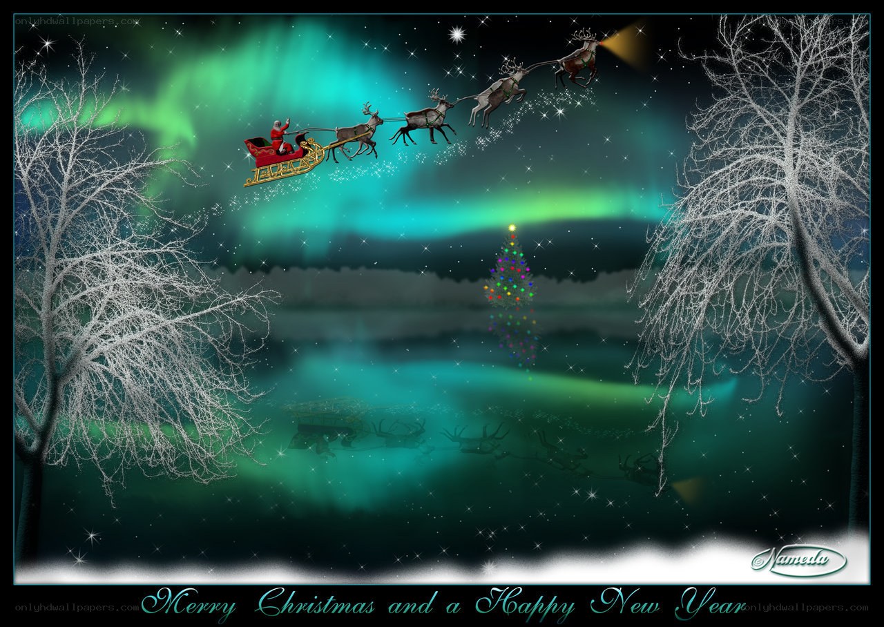 Santa flying over aurora