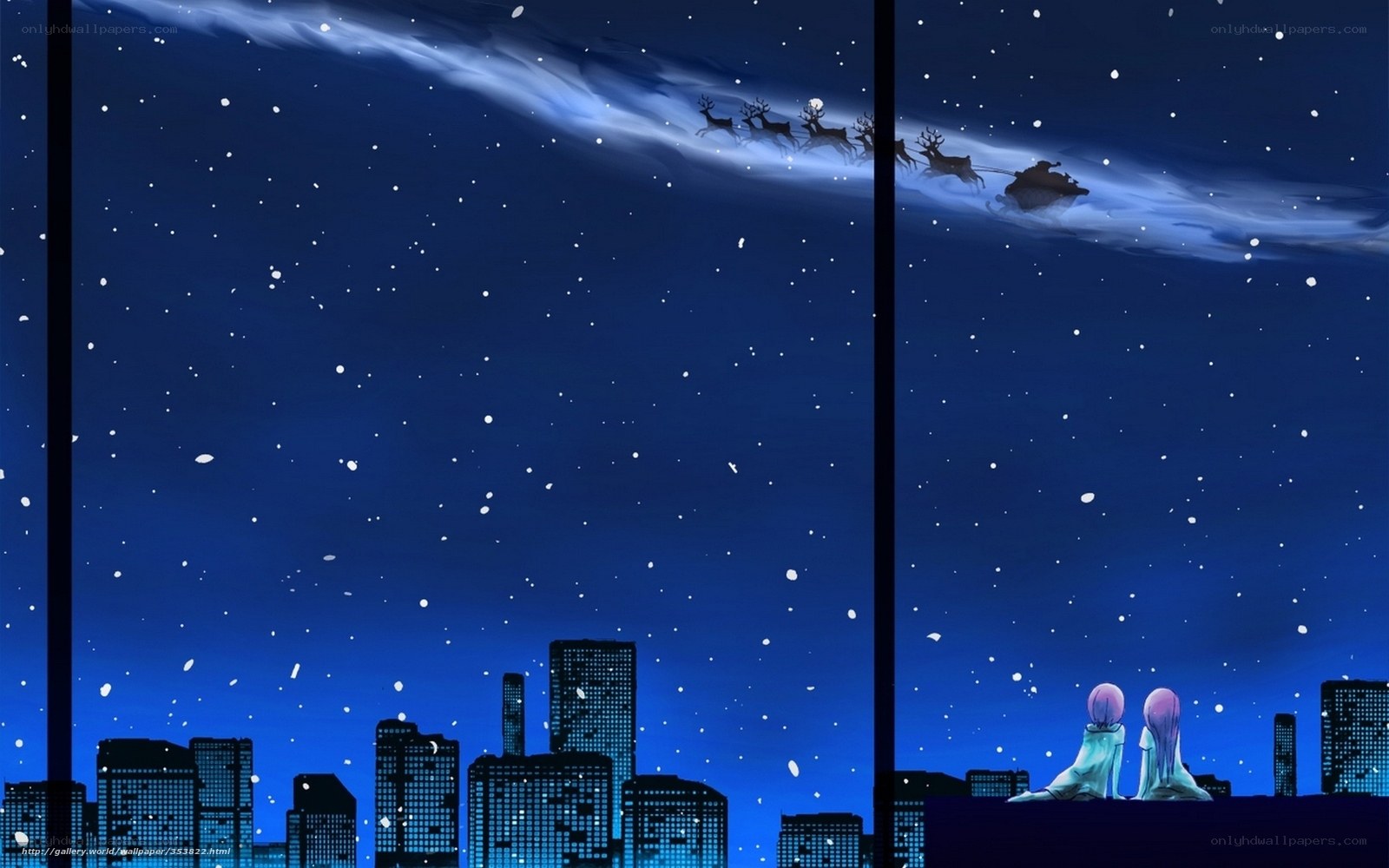 Santa flying over city