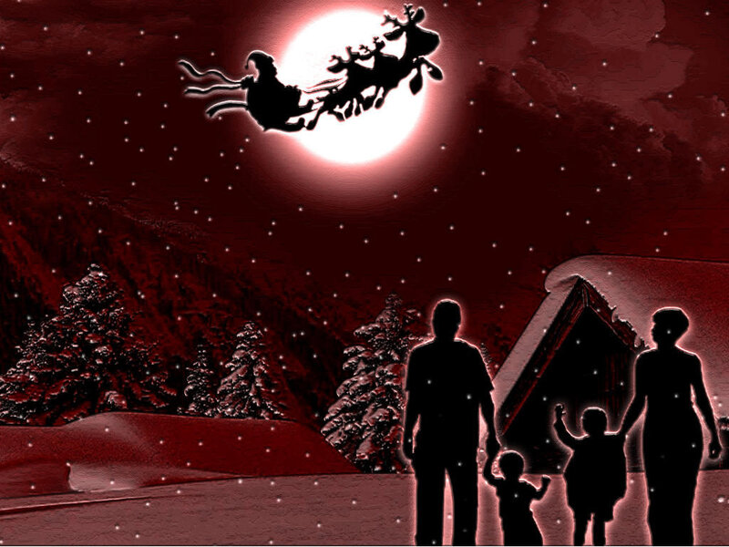 Santa flying over family