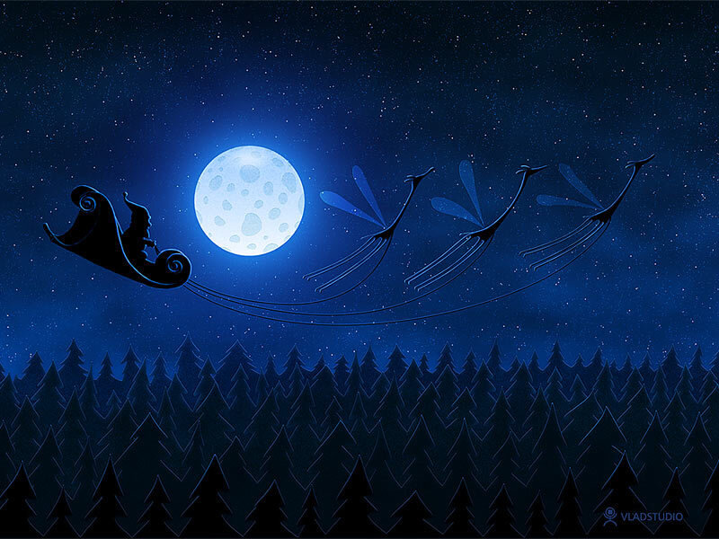 Santa flying over forest