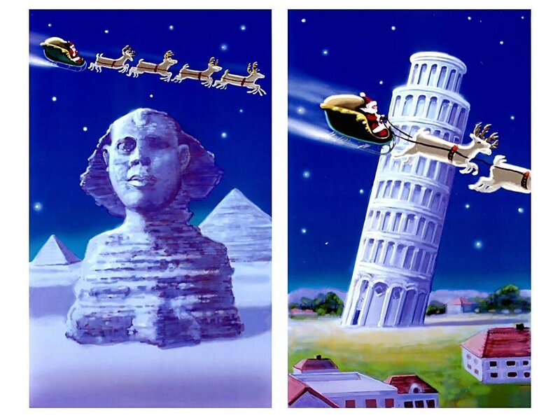 Santa flying over landmarks