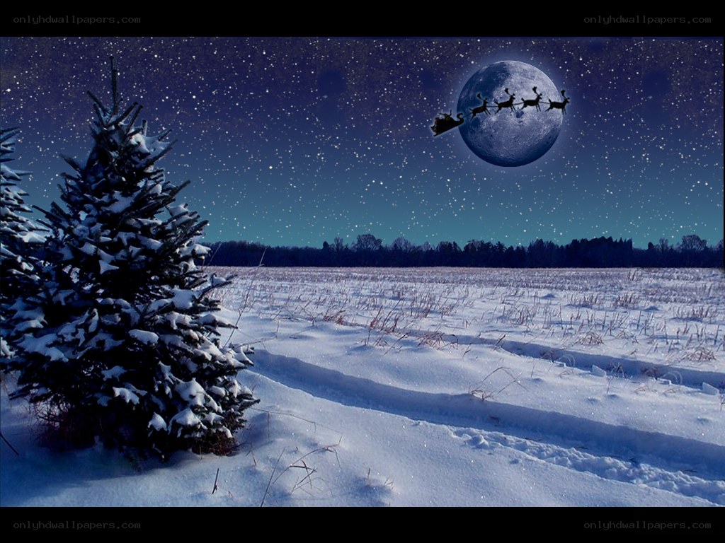 Santa flying over snowy field