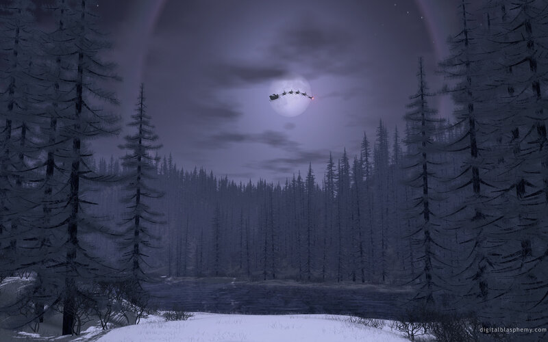 Santa flying over snowy forest