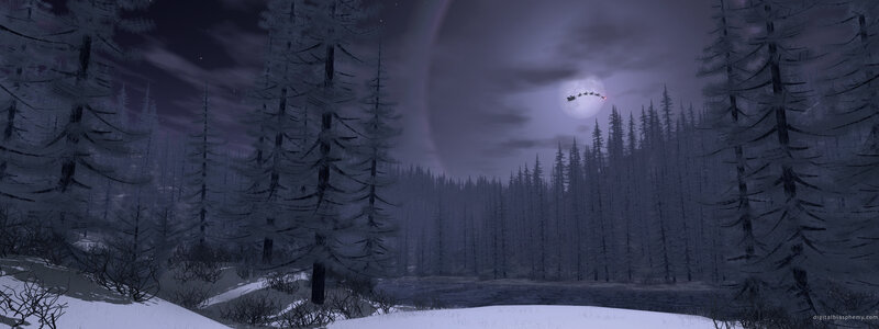 Santa flying over snowy forest