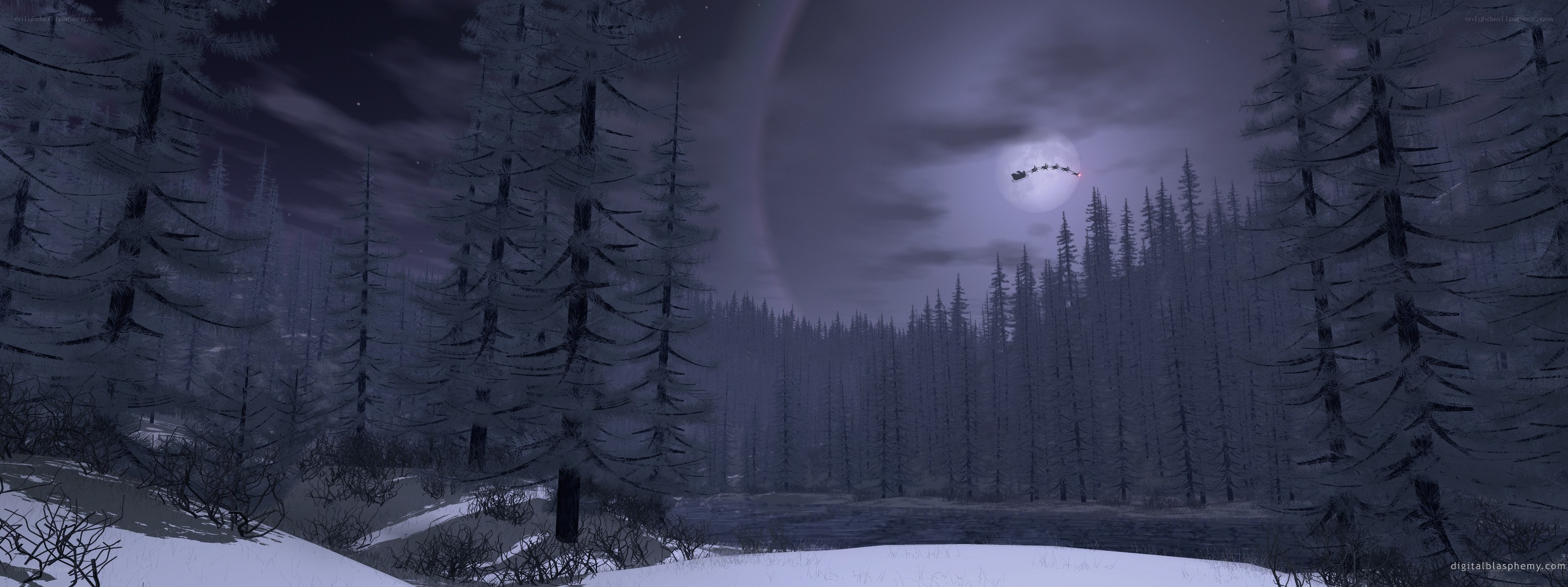 Santa flying over snowy forest