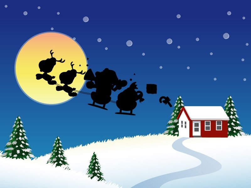 Santa flying over snowy house