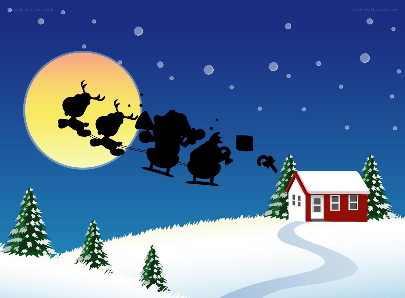 Santa flying over snowy house