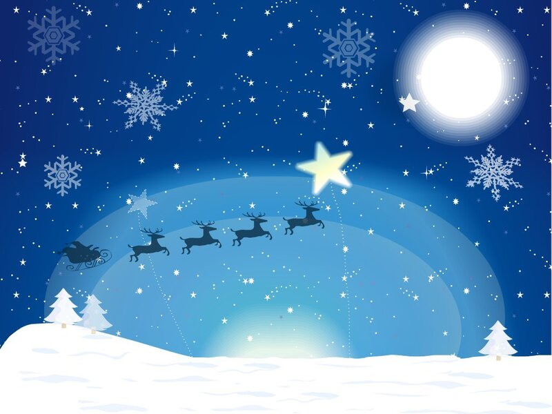 Santa flying over snowy landscape