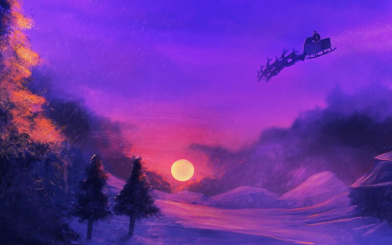 Santa flying over snowy landscape