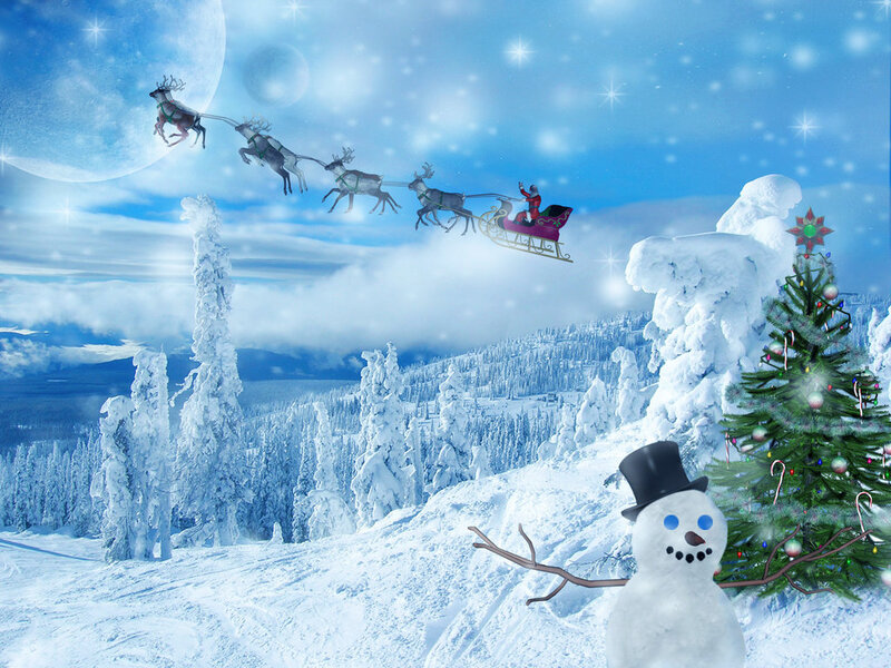 Santa flying over snowy landscape
