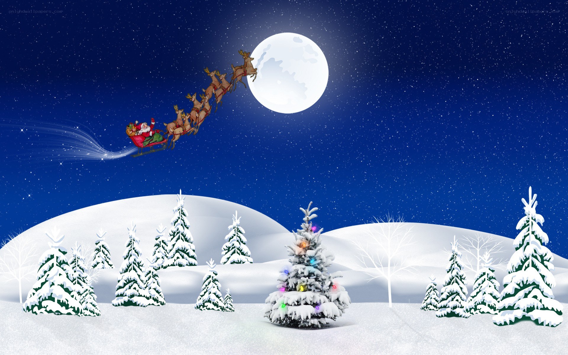 Santa flying over snowy landscape