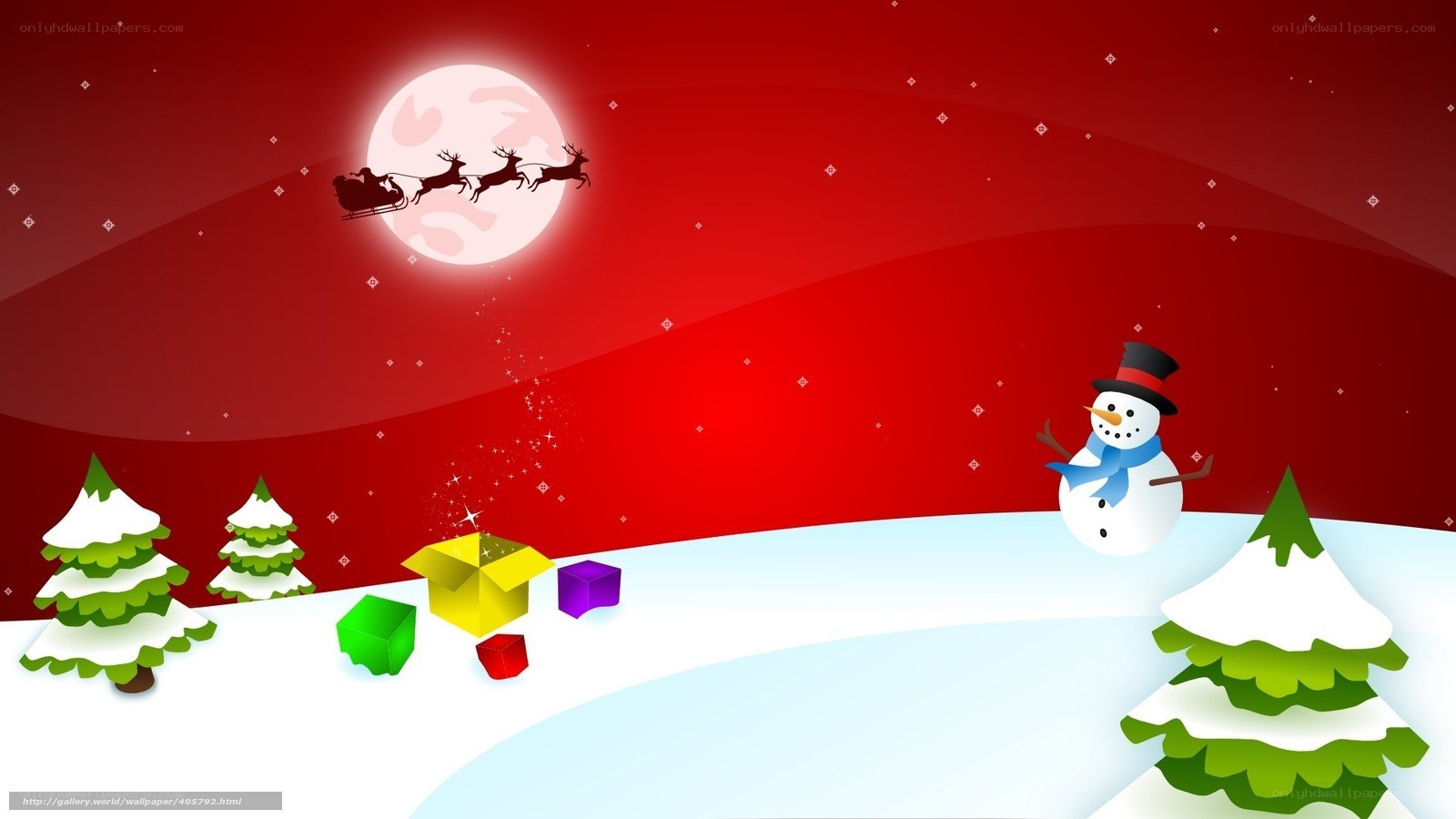 Santa flying over snowy landscape