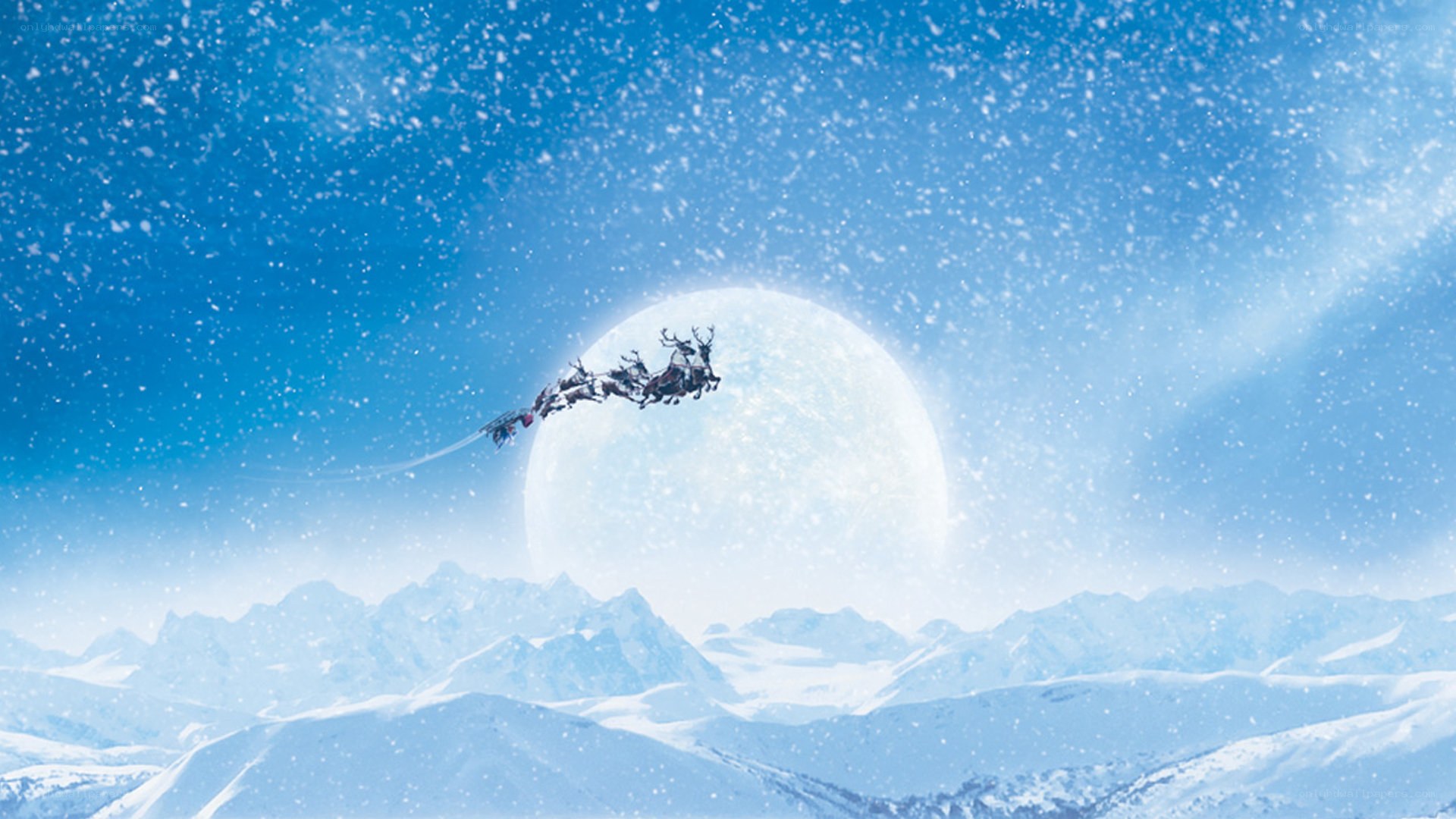 Santa flying over snowy mountains