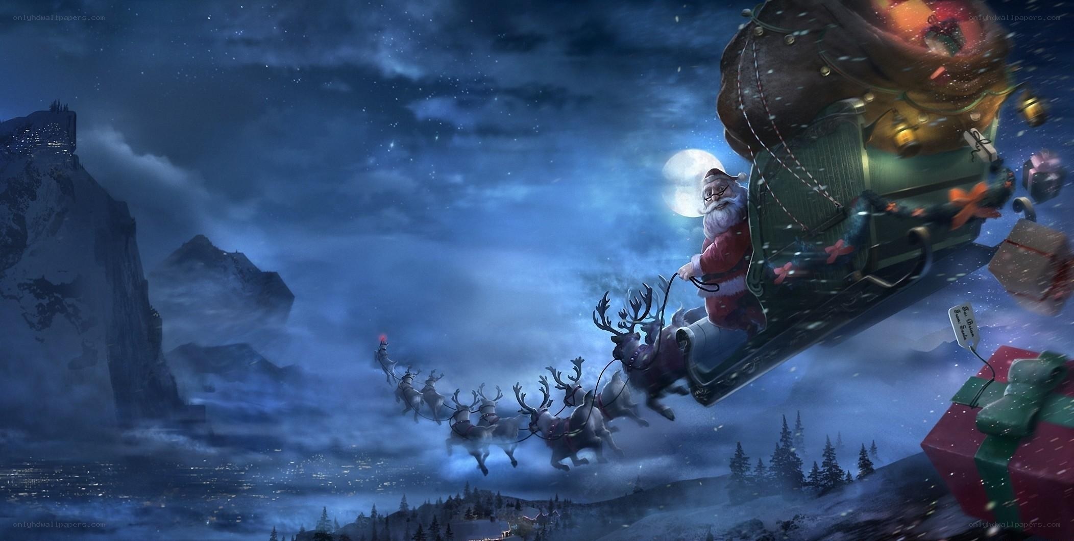 Santa flying over snowy mountains