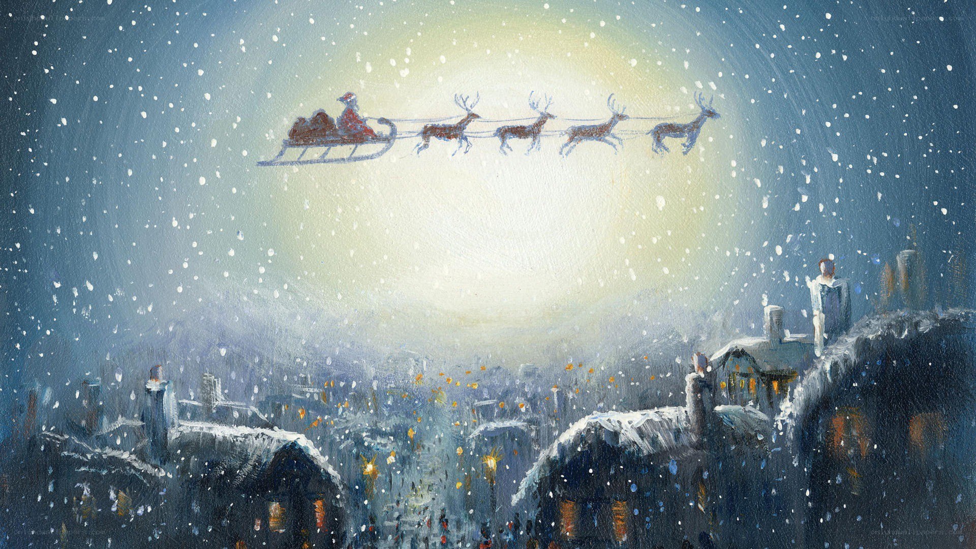 Santa flying over snowy town