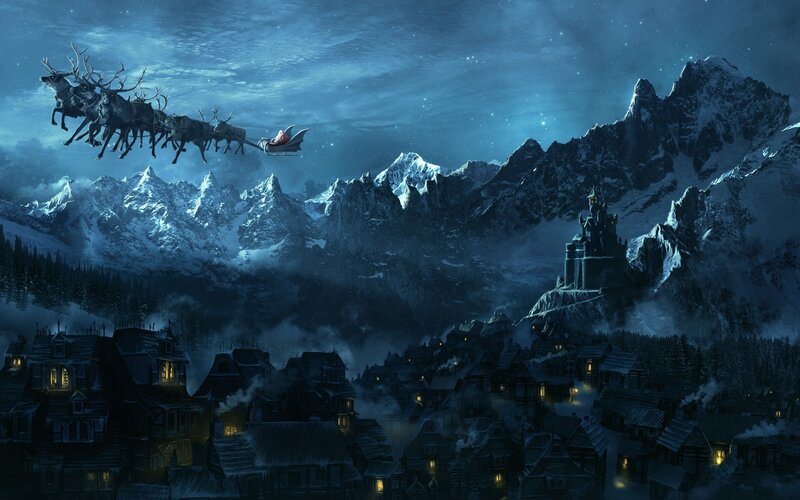 Santa flying over snowy village