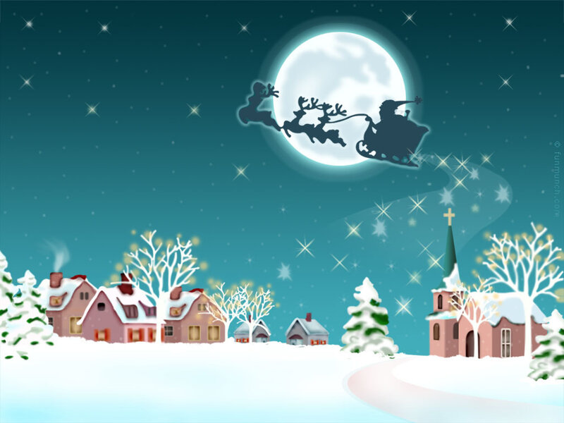 Santa flying over snowy village